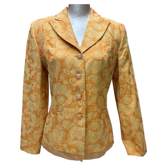 Bergamo by EBI Sheer Peach/Yellow/Orange Brocade Blazer‎ Size 4 - Picture 1 of 16